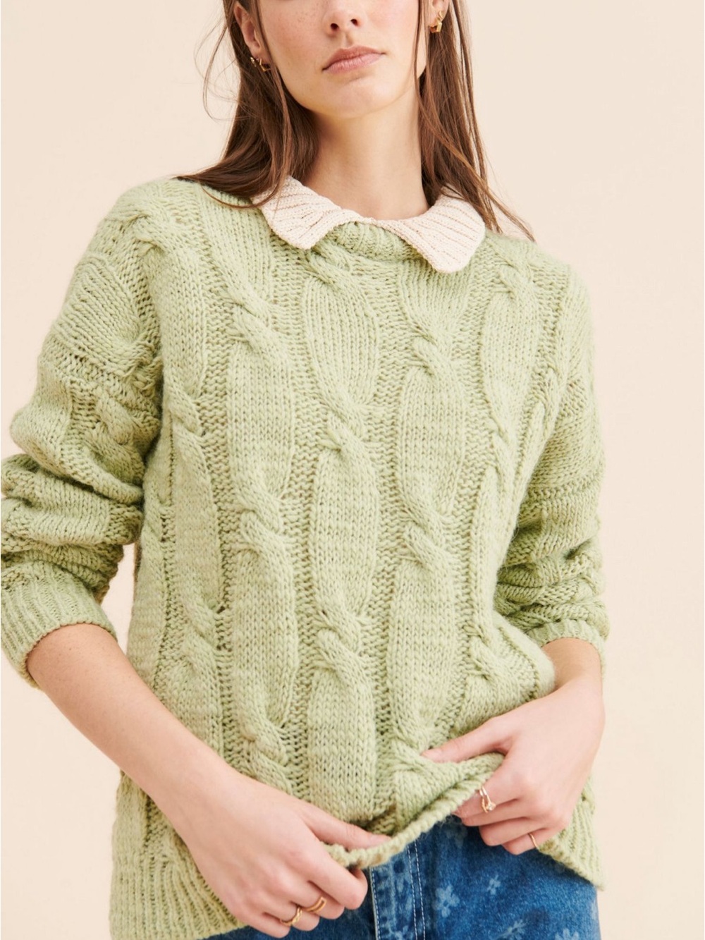 PASTICHE Ochos Cable-Knit Crewneck Sweater in Soft Mint